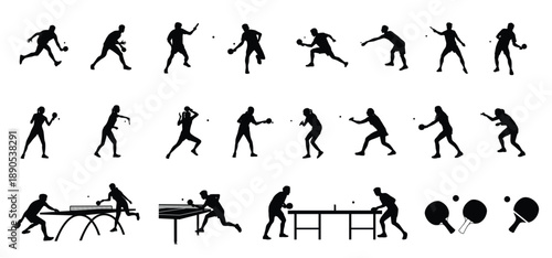 Table tennis player silhouettes set, ping pong sport action poses