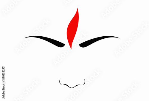 Minimalist illustration of a deity featuring stylized, closed eyes and a central upward-facing red shape symbolizing spirituality and tranquility