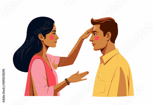 Illustration of a Cultural Ceremony with a Woman Applying a Mark on a Man's Forehead Symbolizing Blessings and Tradition