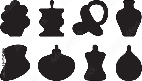 Group of Black Silhouette Abstract Shapes and Decorative Objects on White Background vector illustration