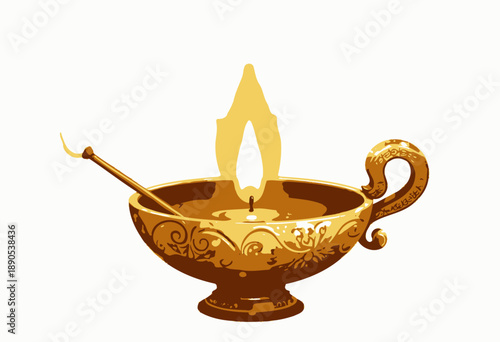 Golden Antique Oil Lamp Illuminating with a Gentle Flame and Decorated in Ornate Patterns Symbolizing Enlightenment and Traditional Crafts