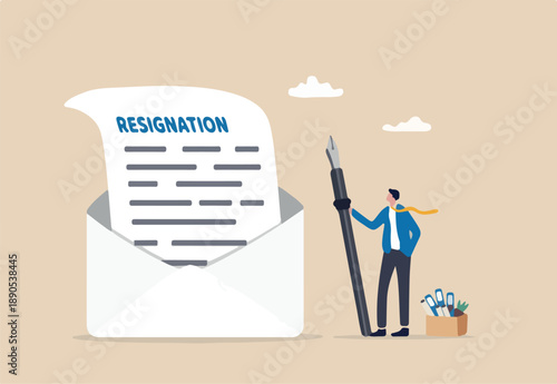 Professional write resignation letter to quit job or inform to leave company, change new job or notify boss, manager of dismissal concept, businessman professional with pen writing resignation email. 