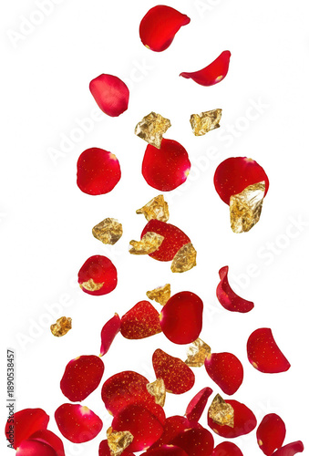 Valentine Red rose petals and gold flakes falling down like confetti symbolizing love and celebration