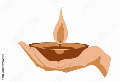 Hand Holding a Traditional Clay Oil Lamp with a Glowing Flame Symbolizing Light and Hope against a Plain Background