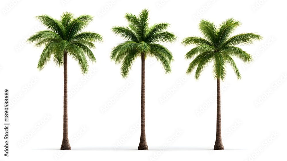 Obraz premium Three Beautiful Palm Trees Isolated on White Background A Tropical Island Getaway