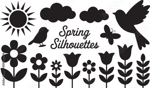Black silhouettes of spring elements including birds butterflies flowers tulips clouds sun and foliage on a white background Keywords: spring silhouette bird butterfly flower tulip cloud sun