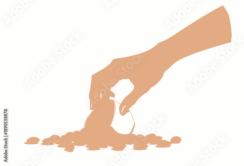 A close-up illustration of a human hand pouring a handful of almonds from a small beige cup onto a flat white surface symbolizing healthy snacking and nutrition.