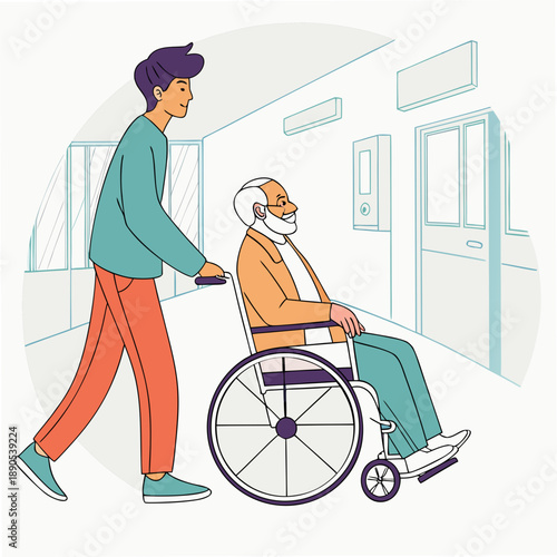 A young man pushes an elderly man in a wheelchair at the hospital. Trendy health silhouette