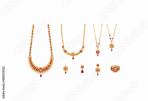 Elegantly Designed Traditional Gold Jewelry Set Featuring Necklaces, Bracelets, and Earrings with Intricate Patterns and Red Gemstone Accents