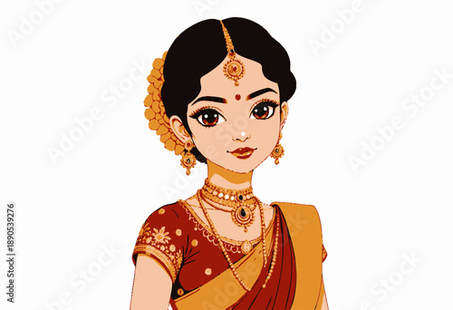 Elegant Portrait of a Woman in Traditional Attire with Ornate Jewelry and Floral Accessories Highlighting Cultural Heritage