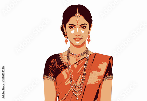 Illustrated Portrait of a Woman in Traditional Attire with Ornate Jewelry and Stylish Hairstyle Representing Cultural Heritage and Graceful Elegance