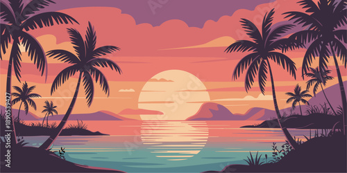 Wide flat vector panorama of a tropical coastline at sunset with calm ocean reflections and warm coral purple tones in a mid century travel style.
