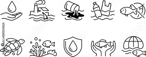 Collection of icons representing water pollution and conservation efforts
