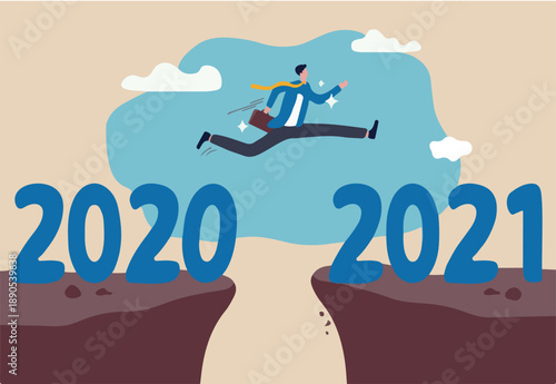 New year 2021 hope for business recovery, change year from 2020 to 2021 calendar or new challenge coming concept, confident success businessman attempt to jump high overcome risk to next cliff.