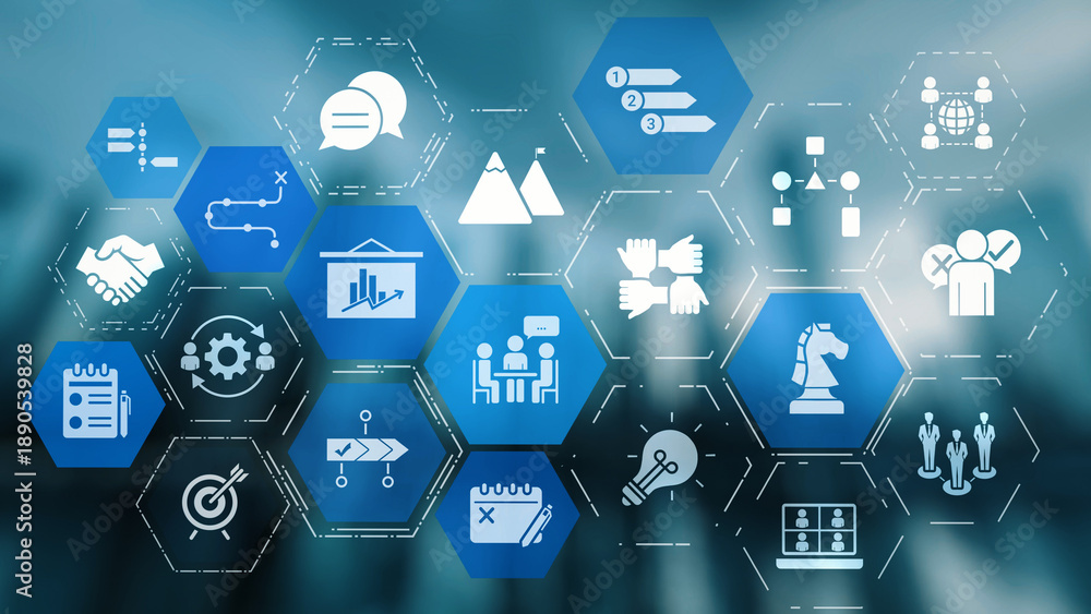 Naklejka premium Project planning icons showing business management, teamwork, scheduling, strategic planning, project development, organization, and goal setting with modern workflow and process management. Gist