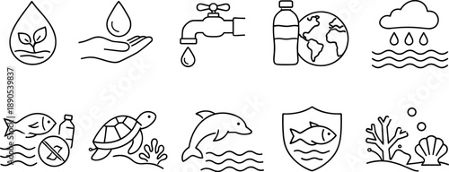 Collection of line art icons representing environmental conservation and water protection themes