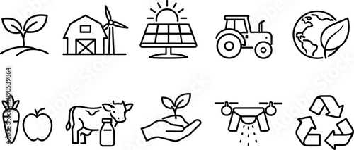 Modern agriculture icons representing sustainability, technology, and organic farming practices
