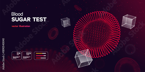 Medical Blood Sugar Test Background With Abstract Red Cells And Glucose Elements Representing Diabetes And Health Monitoring. Blood Sugar Levels. Vector Illustration.