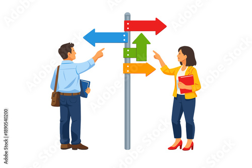 Two people looking at a signpost with arrows showing different directions in a modern setting during daytime