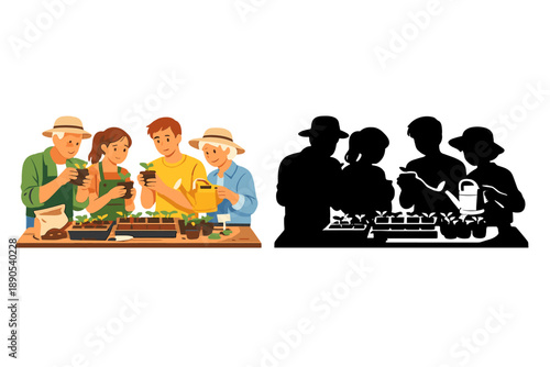 Group of people working together to plant and care for small green plants in pots at a garden center on a sunny day