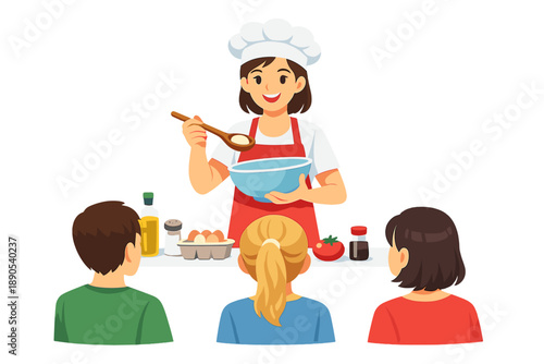 Cooking class for kids where a chef shows how to mix ingredients to create a dish in a kitchen setting with children watching closely