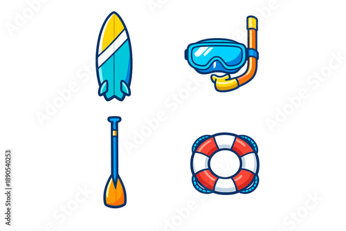 Surfboard and snorkeling gear on a white background with a paddle and a life buoy in a simple layout showcasing water activities