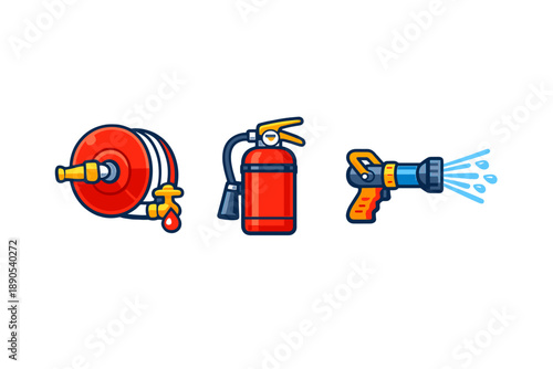 Fire safety equipment including a hose reel, a fire extinguisher, and a spray nozzle shown in a simple layout with clear lines and colors