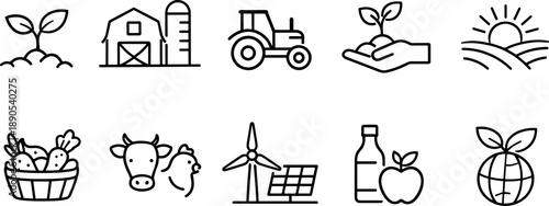 Collection of simple line icons representing agriculture, farming, and sustainability concepts