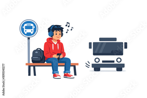 Boy waits at bus stop while listening to music and looking at his phone after school in a busy city while a bus arrives