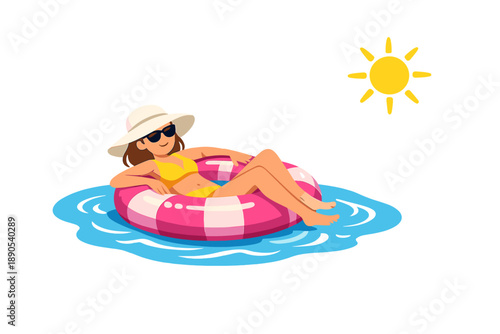 Woman relaxes on a pink float in the pool during a sunny day while wearing sunglasses and a hat