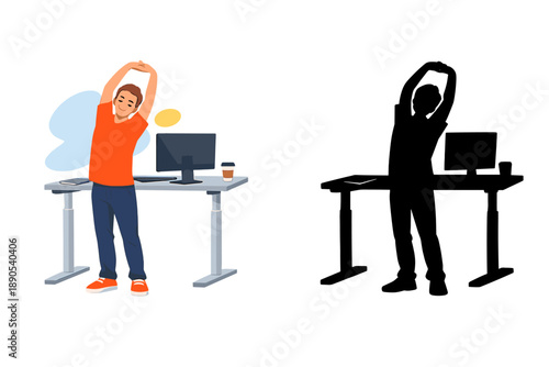 Man stretches at desk during workday in office near computer while taking a break from tasks in the morning