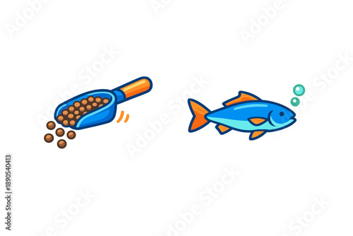 Scoop of fish food next to a cartoon fish swimming with bubbles in clear water