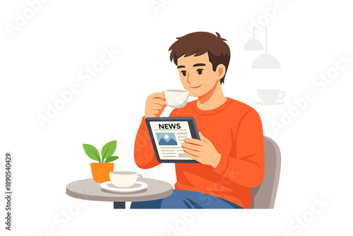 Man reads news while drinking coffee in a cafe during the morning hours in a cozy indoor setting with plants and light