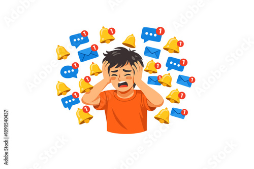 Teenager feeling overwhelmed by notifications on social media and messaging apps while sitting at home