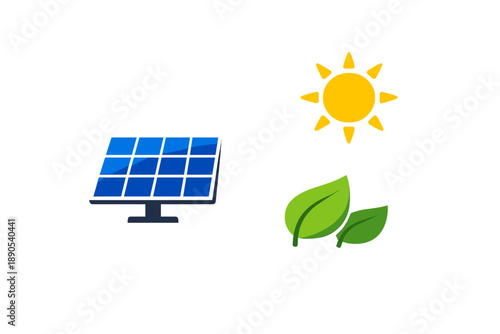 Solar energy panel with sun and green leaves in a design representing renewable energy sources in nature during daylight