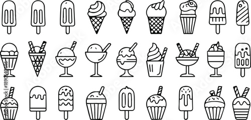 icecream line icon set sweet treat symbols for food projects