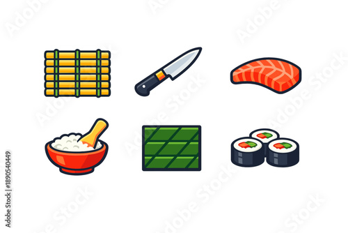 Tools and ingredients for sushi preparation on a white background including bamboo mat, knife, salmon, rice, nori, and sushi rolls