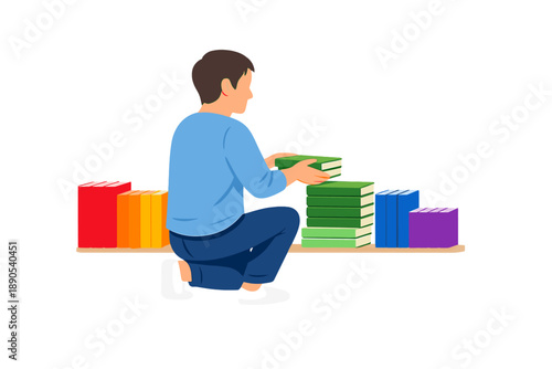 Child sorts books by color while kneeling on the floor in a playful activity inside a bright space during the daytime