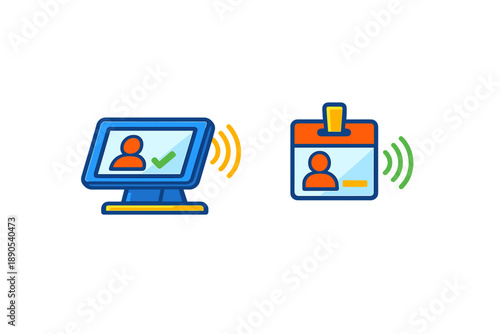 Digital verification system shows monitor with check mark and ID card symbol reflecting user identification process in a modern setup