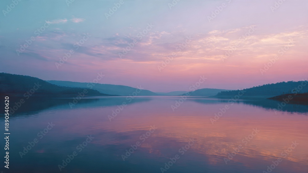 Fototapeta premium Calm lake reflects soft pink sky at dusk