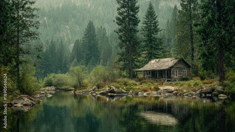 Fototapeta premium Cabin in a misty forest by a tranquil lake