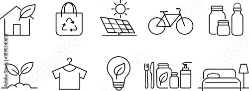 Collection of eco-friendly lifestyle icons representing sustainability and green living choices