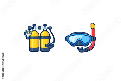 Two scuba tanks and a snorkeling mask are shown on a white background, a common setup for underwater diving activities in various locations