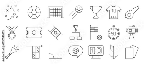 Professional soccer and football line icon set featuring ball, goal, jersey, trophy, whistle, and match strategy symbols. Editable stroke