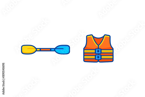 Paddle and life vest symbols used for water safety and outdoor activities in bright colors on a plain background