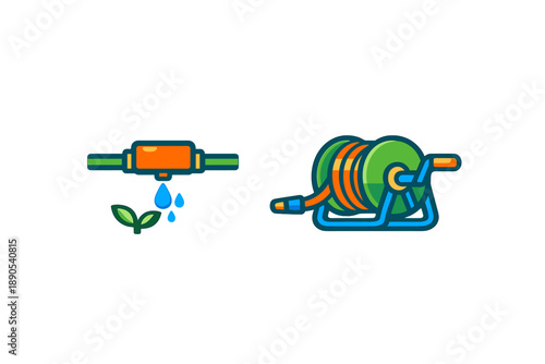 Watering system showing a drip irrigation connector and a hose reel with hose for garden use in backyard setting