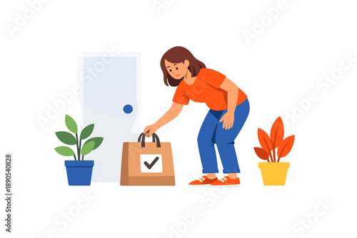 Woman picks up delivery package at home with plants by the door during daytime