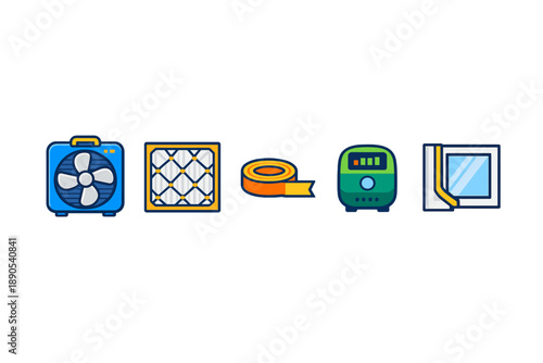 Different tools and items for home air filtration and ventilation used in household maintenance during summer months