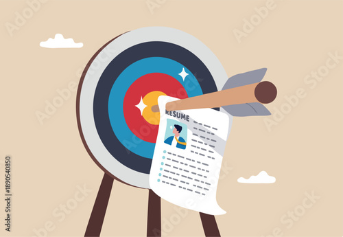 Recruitment target, choosing best candidate to fill in job vacancy, HR Human Resources find perfect talent for interview concept, archer bow hit on bullseye target with chosen candidate resume paper.