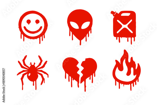 Red dripping graffiti icon set with smiley, alien head, gas can, spider, broken heart and flame on black background. Grunge vector symbols for street art, horror, punk, Halloween stickers.
